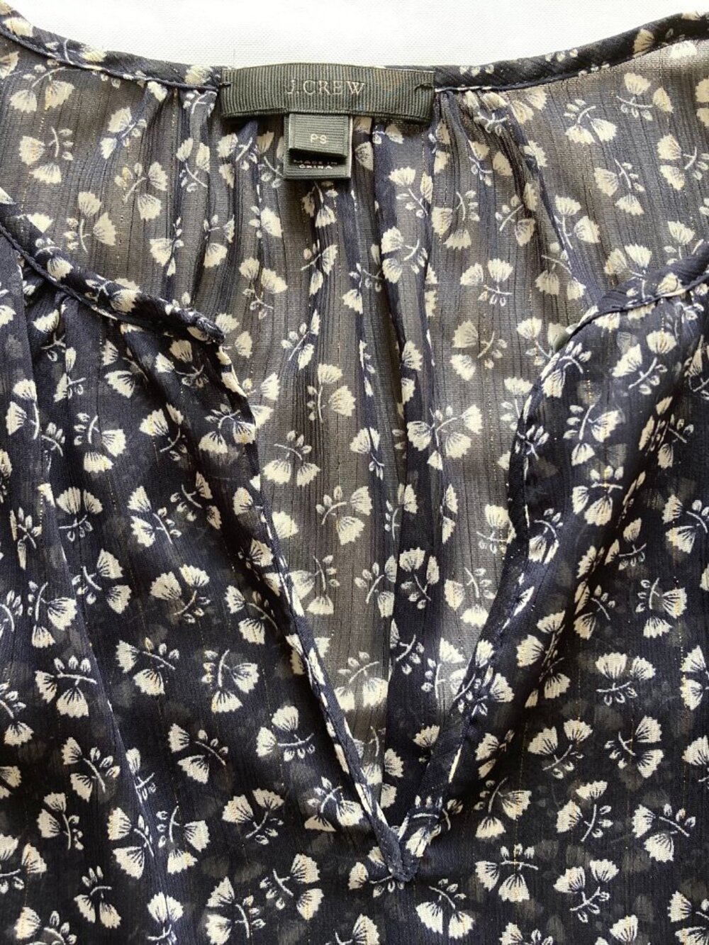 J.Crew Semi-Sheer Keyhole Blouse | Navy Floral and White Pattern | Small Petite
